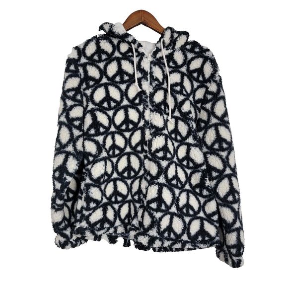 PacSun Women's Small Peace Sign Sherpa Fleece Zip Up Jacket - Picture 1 of 6